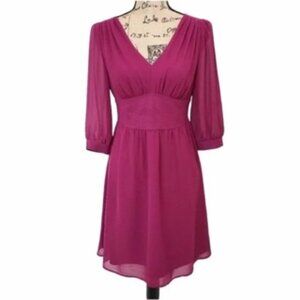 Banana Republic Babydoll Midi Dress V-Neck Burgundy Chiffon Sheer Sleeve Size 2
